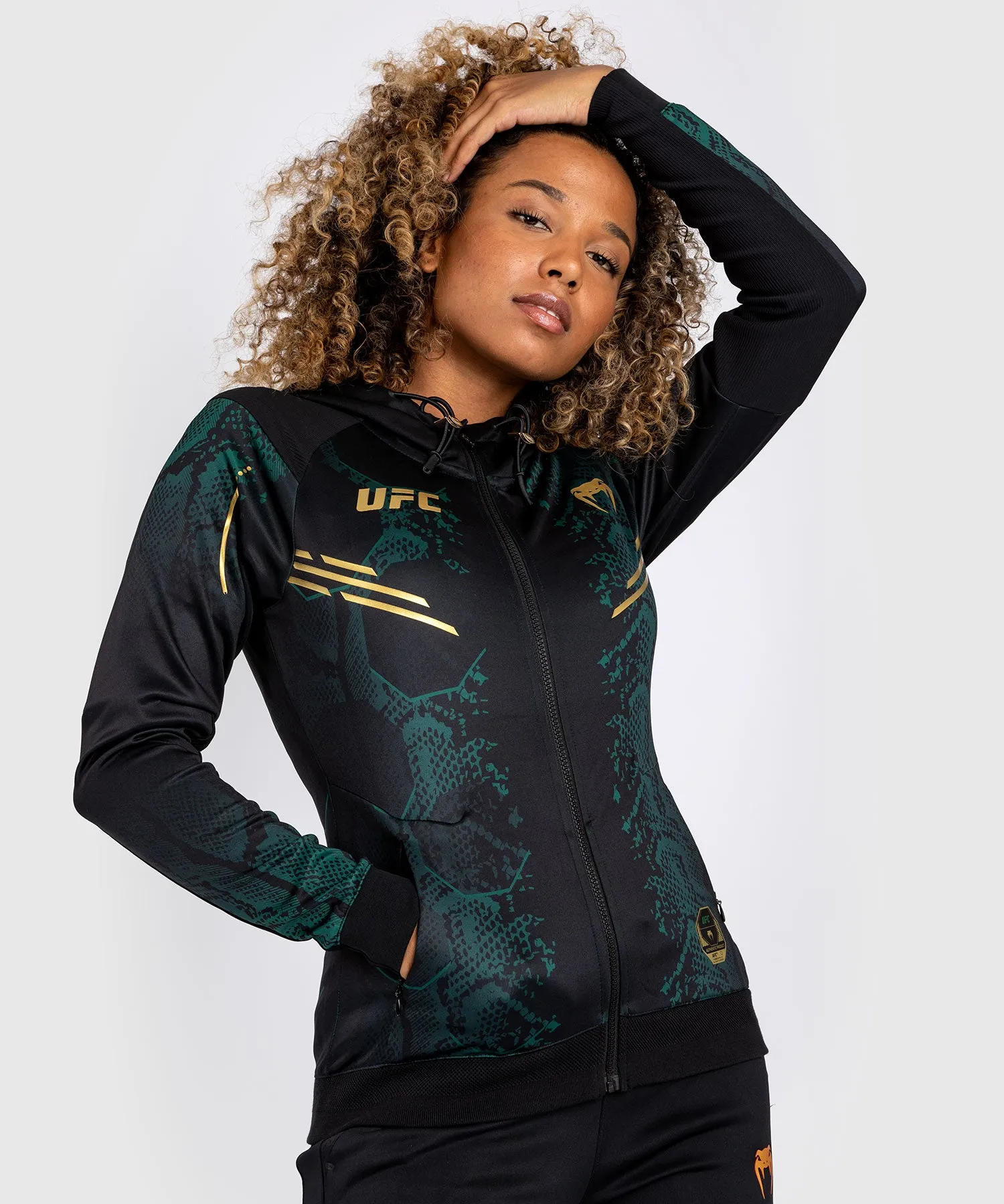 UFC Adrenaline by Venum Personalized Authentic Fight Night Women’s Walkout Hoodie  - Emerald Edition - Green/Black/Gold