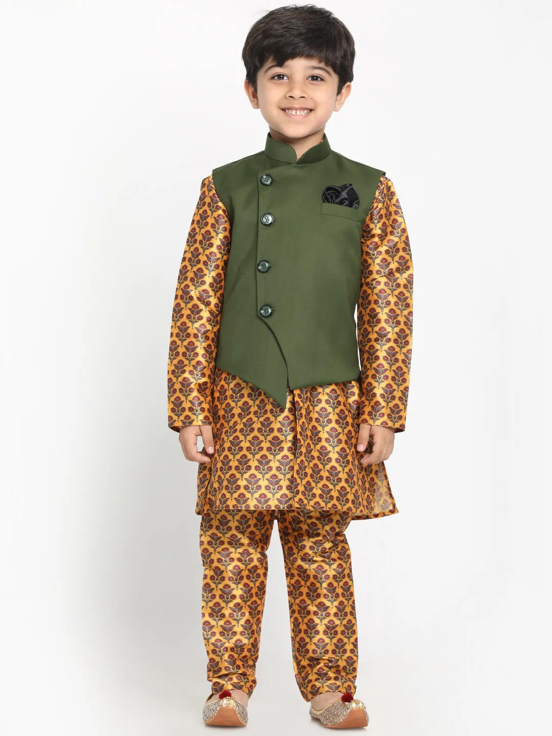 Vastramay Boy's Green Twill Jacket, Printed Kurta and Pyjama Set