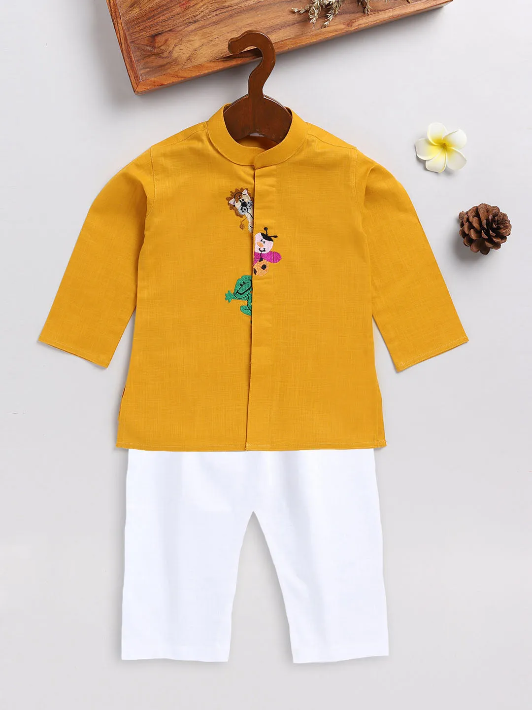 VASTRAMAY Boy's Mustard and White Cotton Kurta Pyjama Set