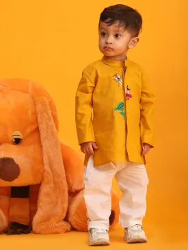 VASTRAMAY Boy's Mustard and White Cotton Kurta Pyjama Set