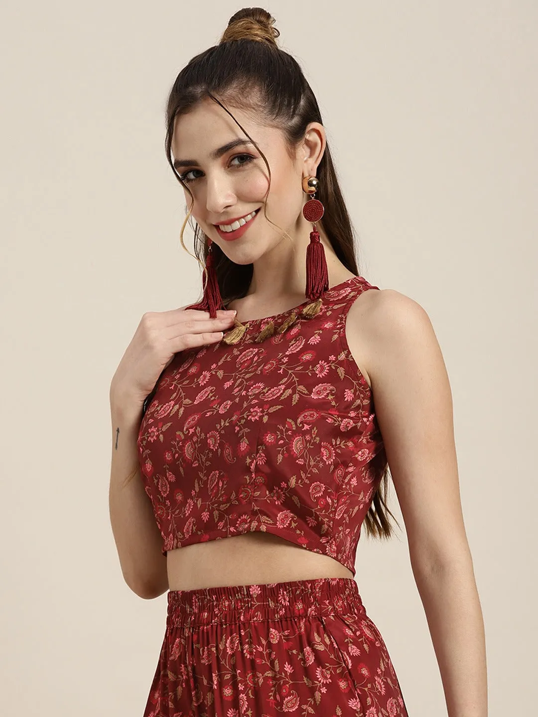 Women Maroon Floral Sleeveless Crop Top