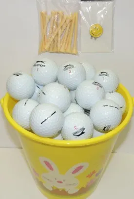 Yellow Easter Pail With 48 Recycled Slazenger Golf Balls & Tee's & Smiley Face Magnetic Golf Ball Marker With Hat Clip